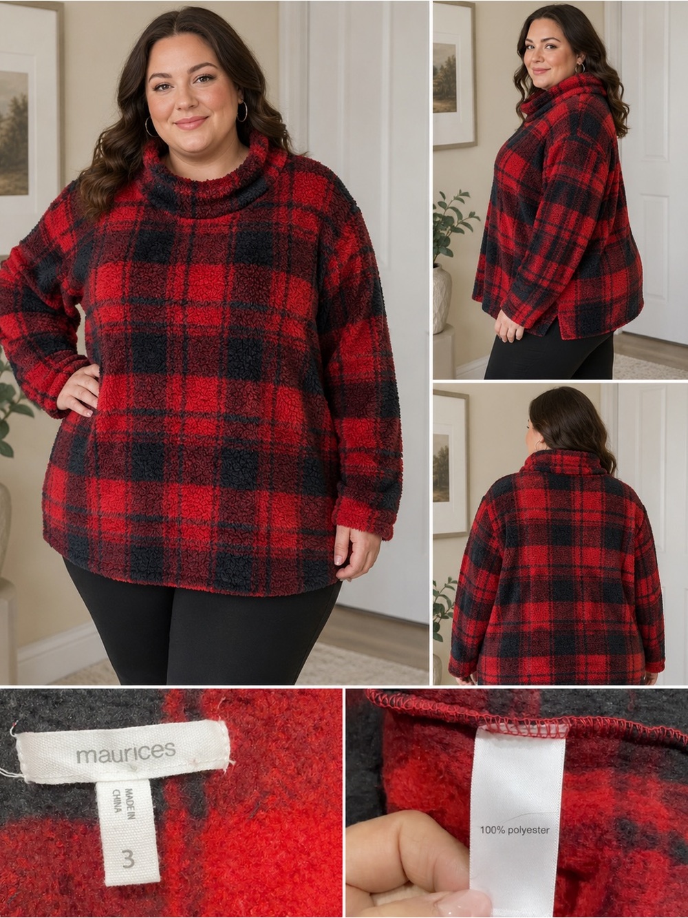 Maurices Red and Black Plaid Cowl Neck Fleece Sweater